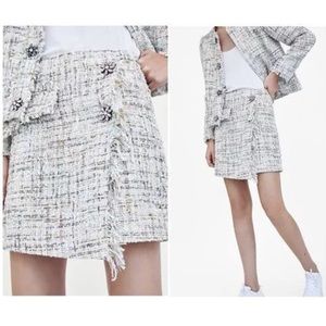 Zara Tweed Boucle Wrap Mini Skirt w Fringe and Rhinestone Jewel Flower Detail